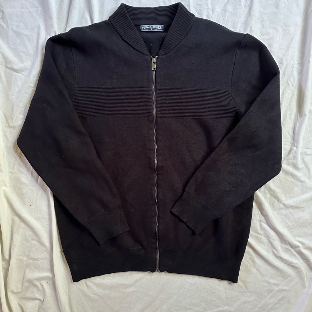 Paul Jones Zip-Up Sweater Large Black Business Casual Quiet Luxury Bomber Knit